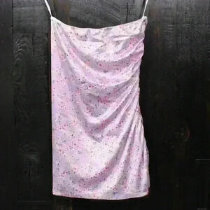 ALAMOUR Silky Sexy Strapless Ruched Side Purple Floral Mini Dress Women Large